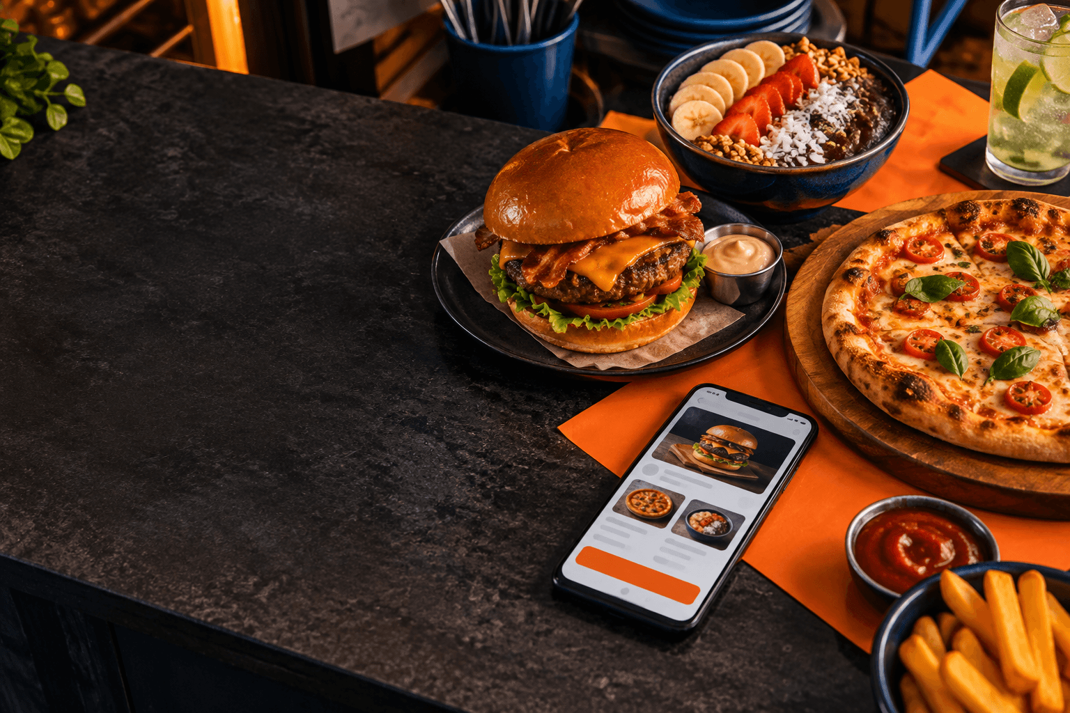 Hambúrguer, pizza e açaí ao lado de um celular com cardápio digital